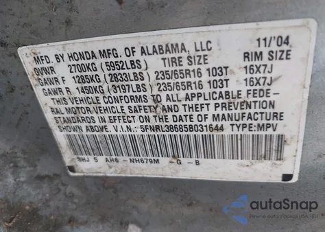 2005 Honda Odyssey Ex-L z USA, uszkodzony, nr VIN 5FNRL38685B031644